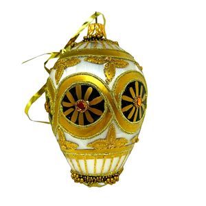 Vintage Gold Color W/ Gold Glitter Egg Shaped Beaded Christmas Ornament 4” Tall